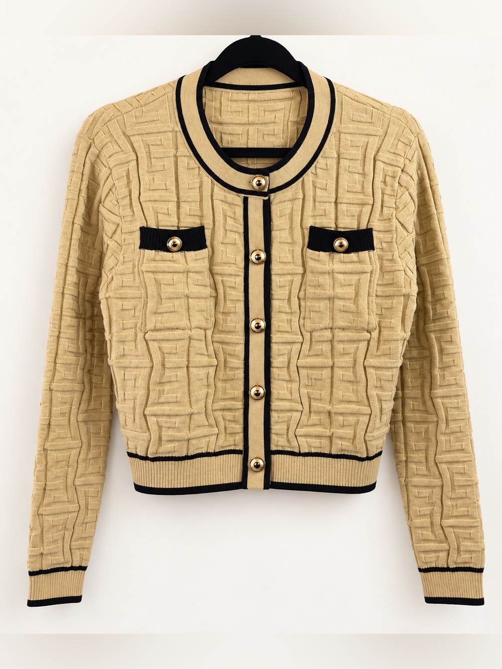 Tan Black Trim Textured Knit Cardigan Gold Button Sweater Jacket